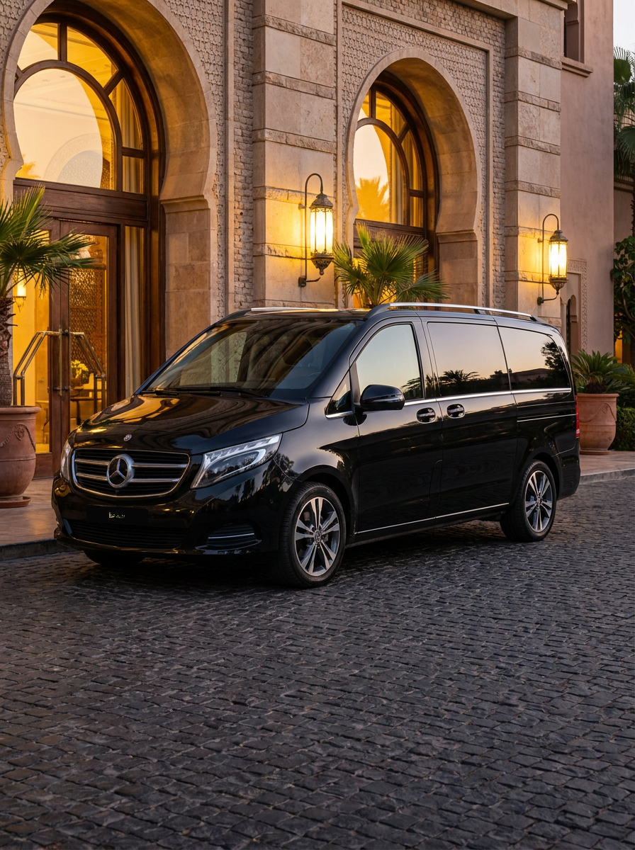 Black Mercedes-Benz V-Class in front of a luxury Moroccan hotel